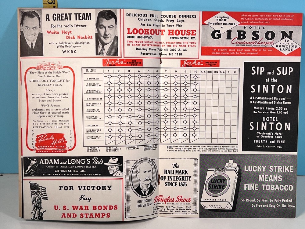 🔥1943 Cincinnati Reds Baseball Program vs Cardinals Unscored HIGH GRADE!🔥