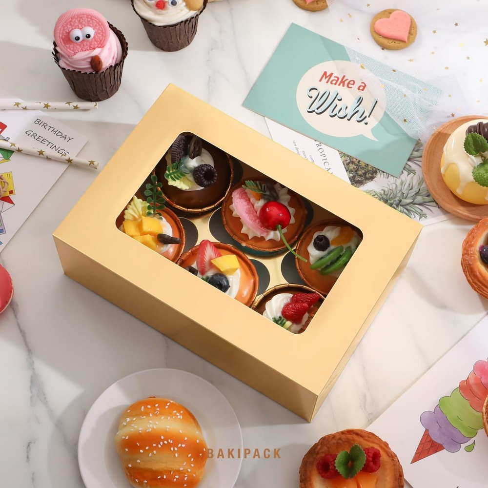 25 PCS Cupcake Boxes, Gold Cupcake Boxes 6 Count with Window and Inserts, Cup...