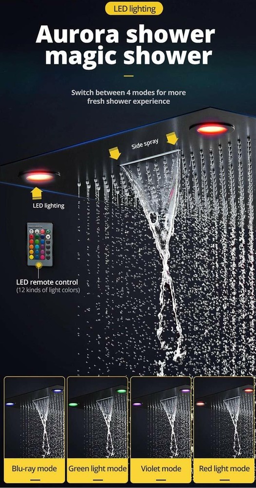 23"x31" Ceiling 6 Function Led Rain Shower System Stainless Steel Matt Black