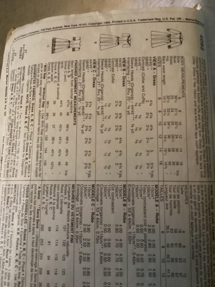 1988… VINTAGE MCCALLS PATTERN #4082 …Has been cut