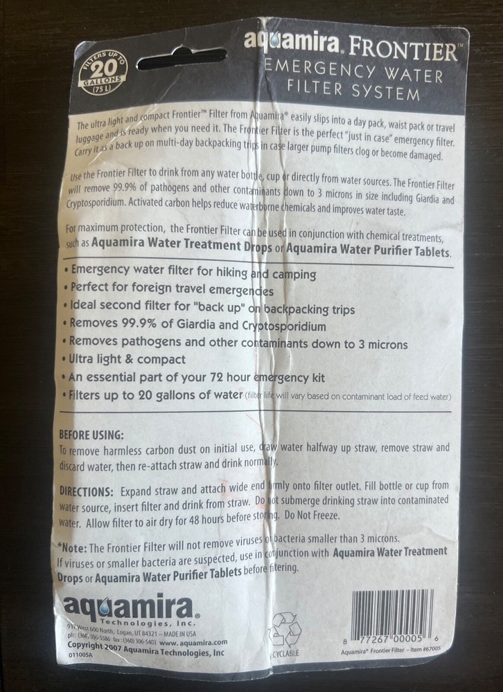 FRONTIER™ EMERGENCY WATER FILTER SYSTEM aquamira Hiking emergency kit