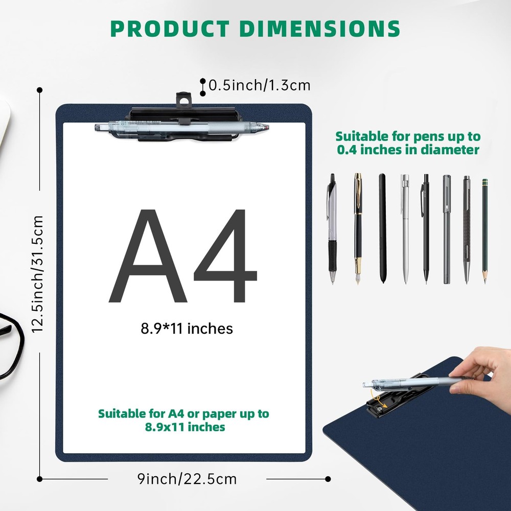 Blue Clipboard with Pen Holder 2 Pack Plastic Clipboard with Low Profile Meta...