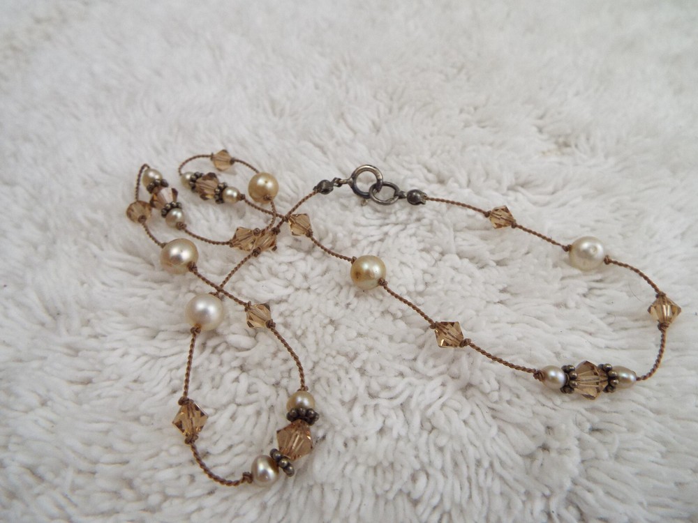 Genuine Pearl & Gold Crystal Bead String Necklace (D67)