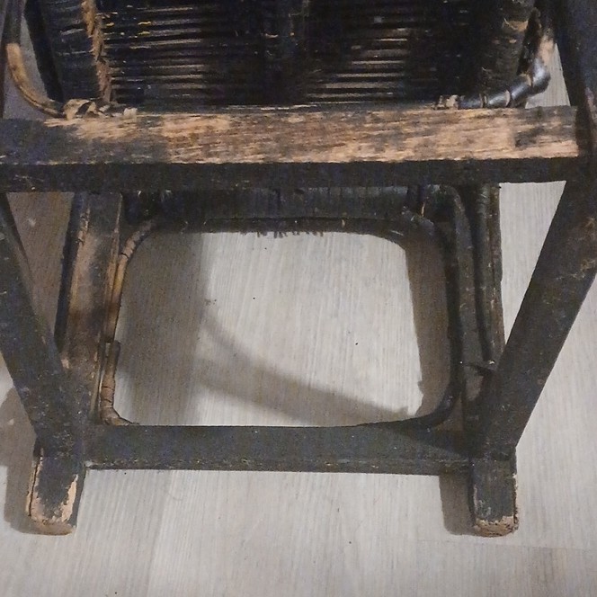 Antique Wood Wicker Square Stool Black Brown Geometric Pattern