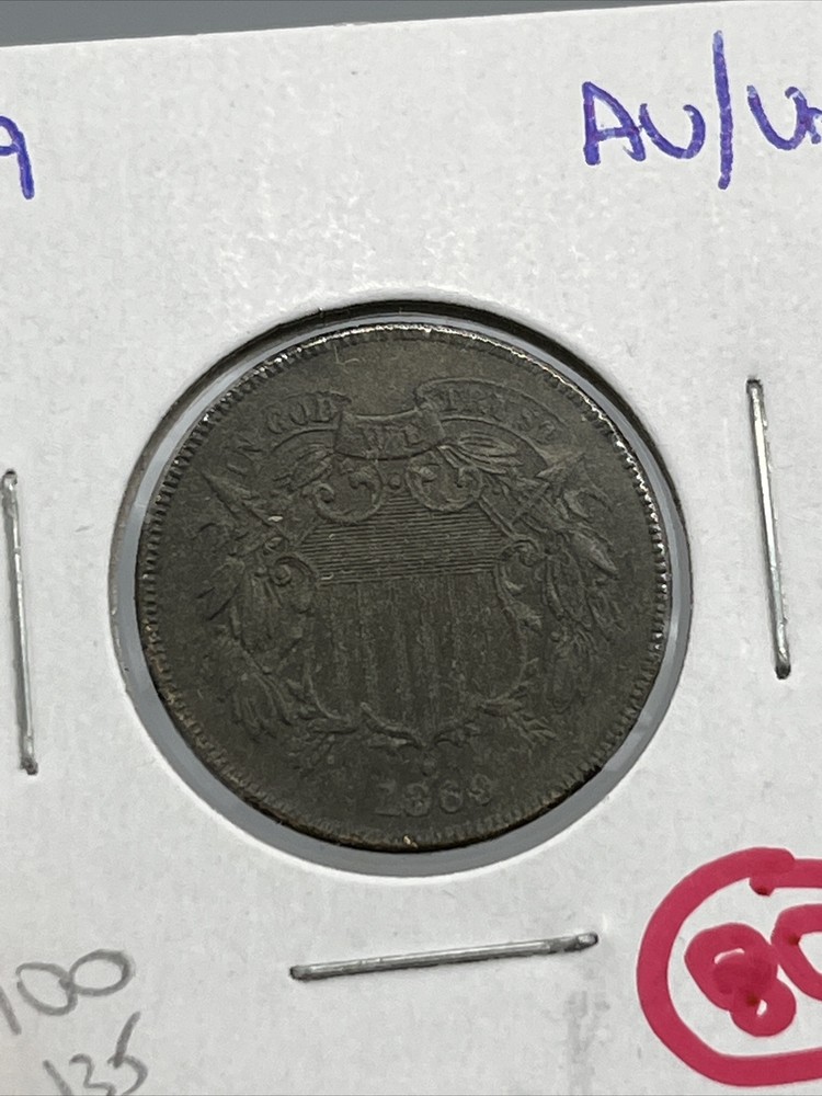 Two Cent Piece Coin 1869 AU About Uncirculated Dark