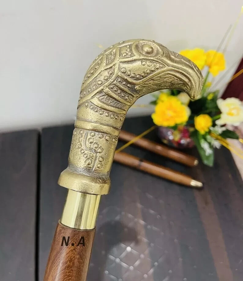 Brass Solid Vintage Designer Eagle head Wooden Walking Stick Cane Antique Gift