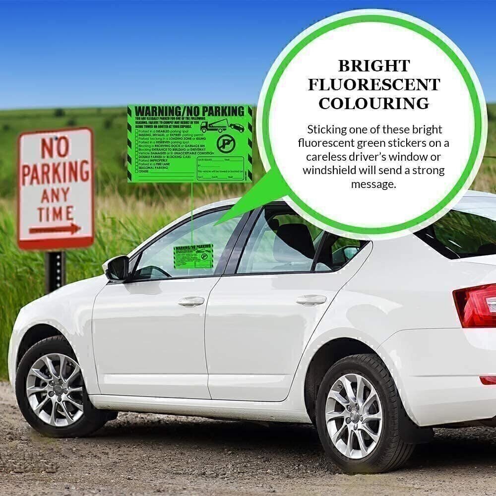 MESS Illegal Parking Warning Stickers - 100/Pack - Green - 8x5 in