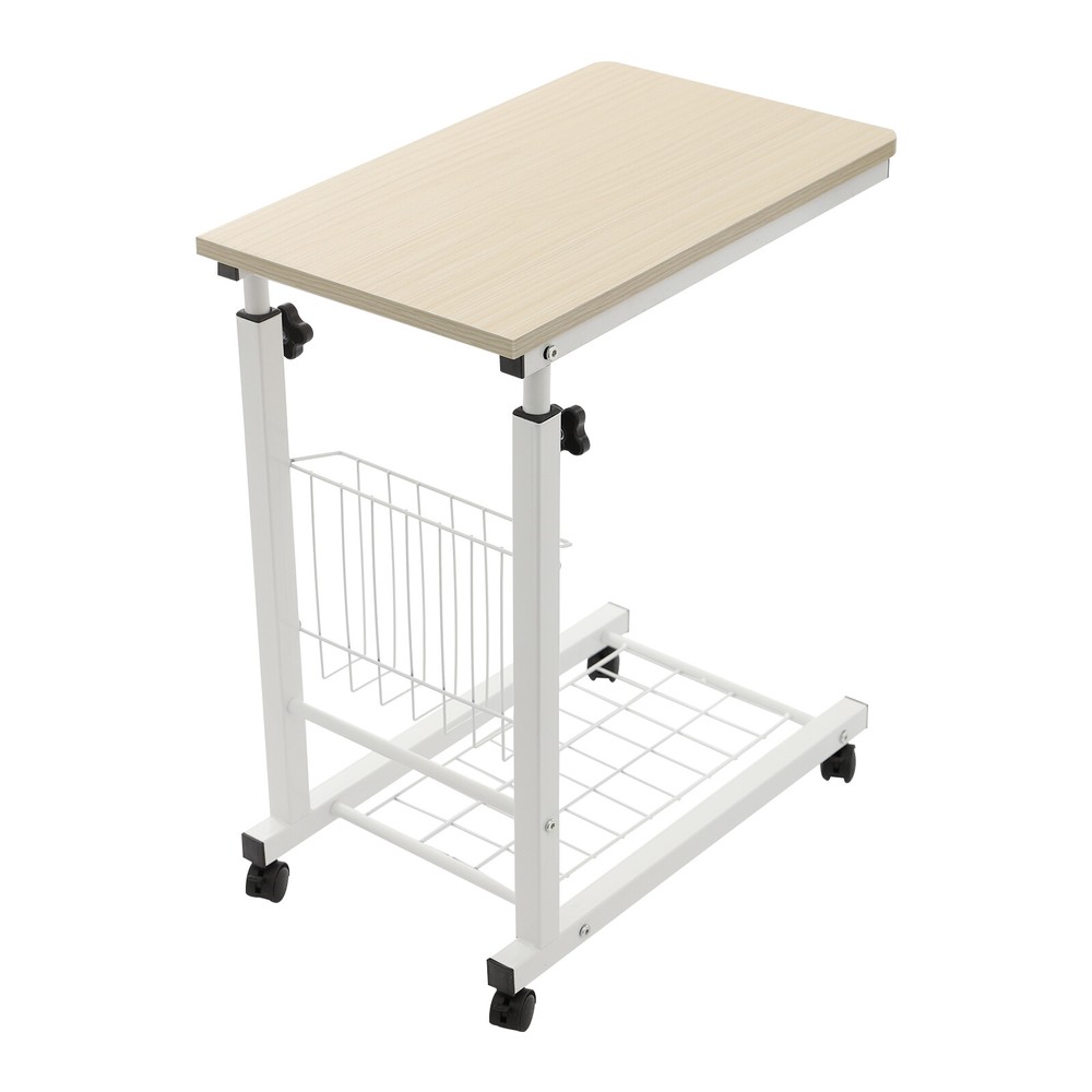 2 Tiers Adjustable Bed Side Table Thickened Mobile Standalone Table w/ Wheels