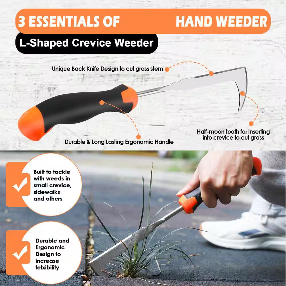 13 In. Weeder Manual Puller Tool Set 3 Pcs with Rubber Handle 4 Teeth Crack Upro