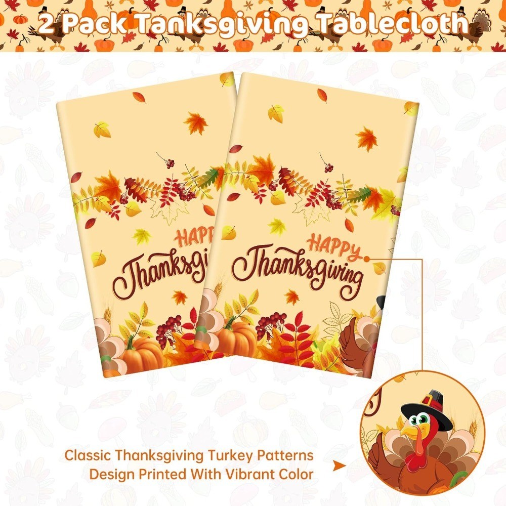 Happy Thanksgiving Tablecloth 2 Pack Disposable Plastic Rectangle Table Cover