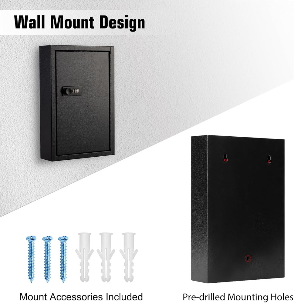 Wall-Mount Key Cabinet with Code – Metal Lock Box for 40 Keys, Includes Tags & S