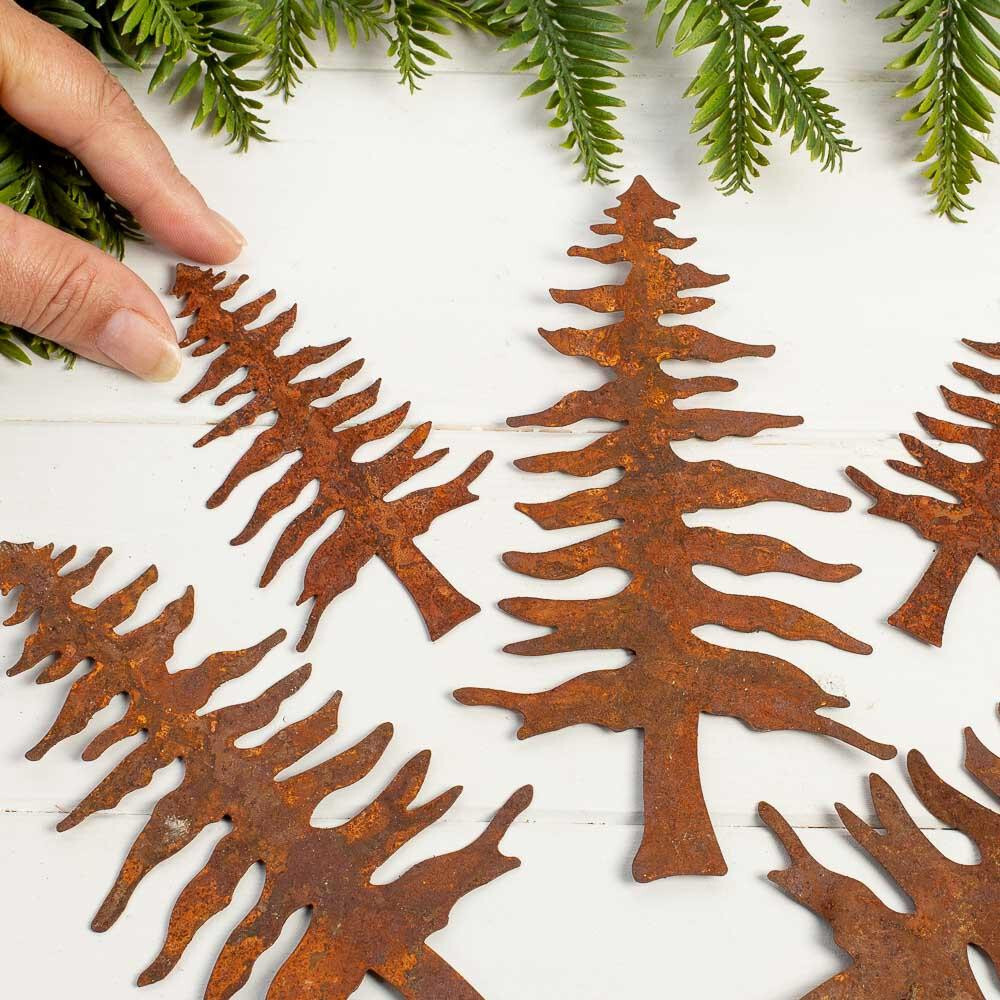 Bulk Package of 30 Assorted Sized Rusty Tin Pine Tree Cutouts