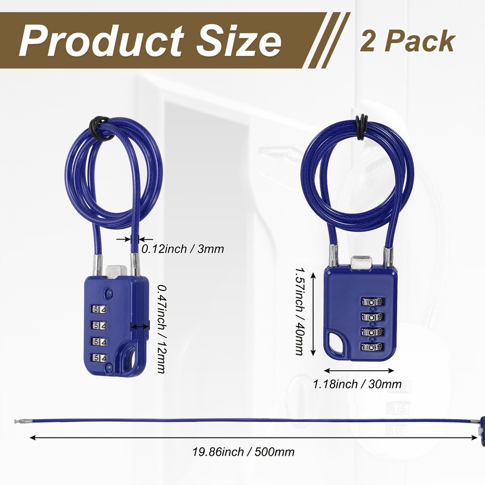 2-Pack Combination Padlock, 4 Digit 20 in Cable Luggage Lock [Blue]