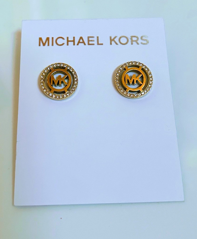 Michael Kors Gold Tone MK LOGO Round Stud Earrings