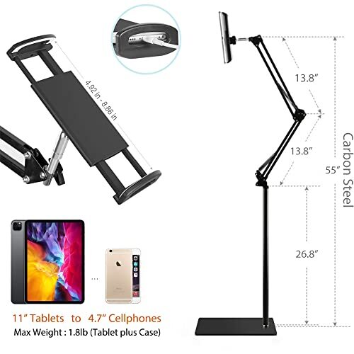 Tablet Floor Stand, Overhead Bed Phone Stand Angle Height Adjustable Black