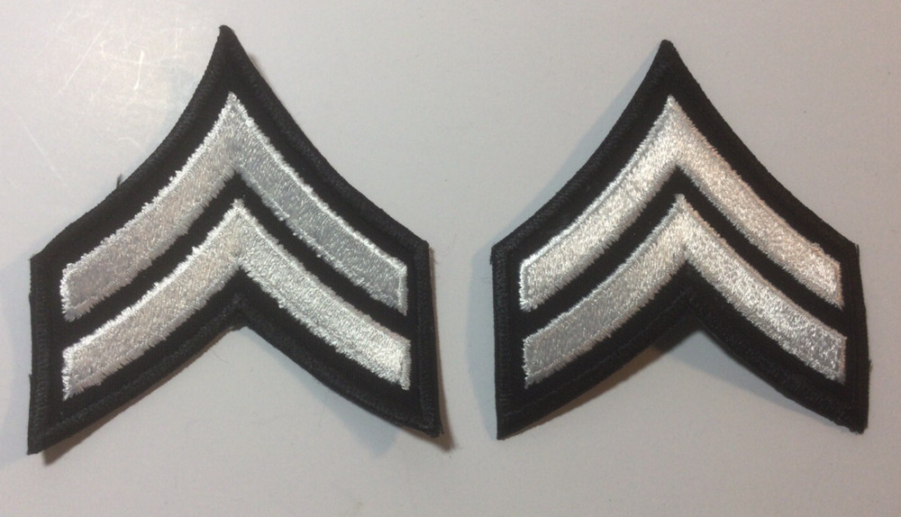 (2) Corporal Chevron Patch 3" size - 2 stripes - White on Black