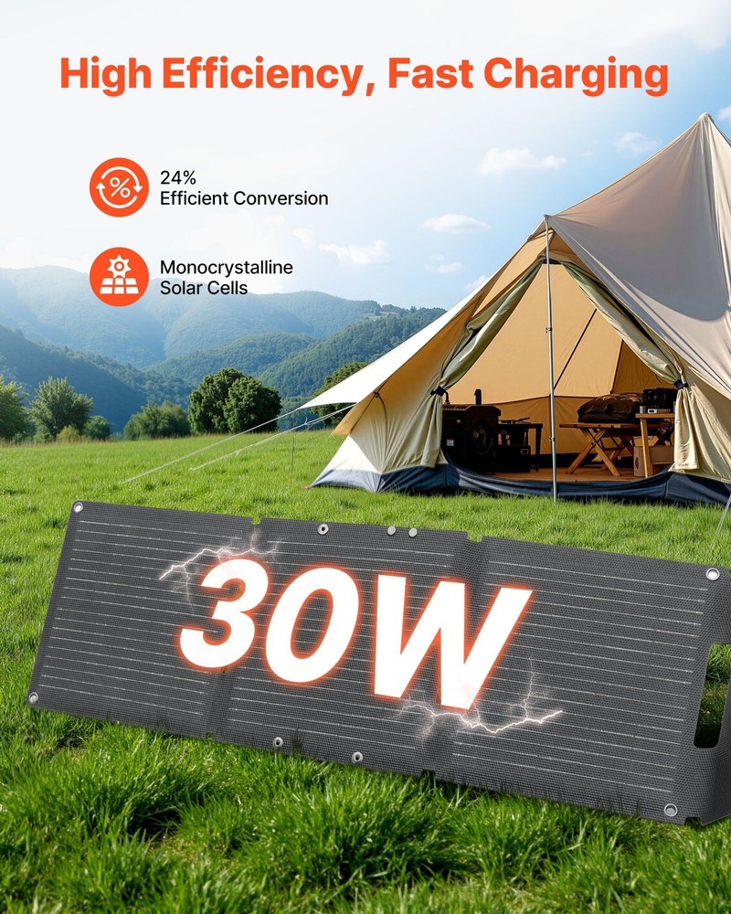 Portable 30W Solar Panel — 24% Efficient, IP65 Rated, 1.76 lb