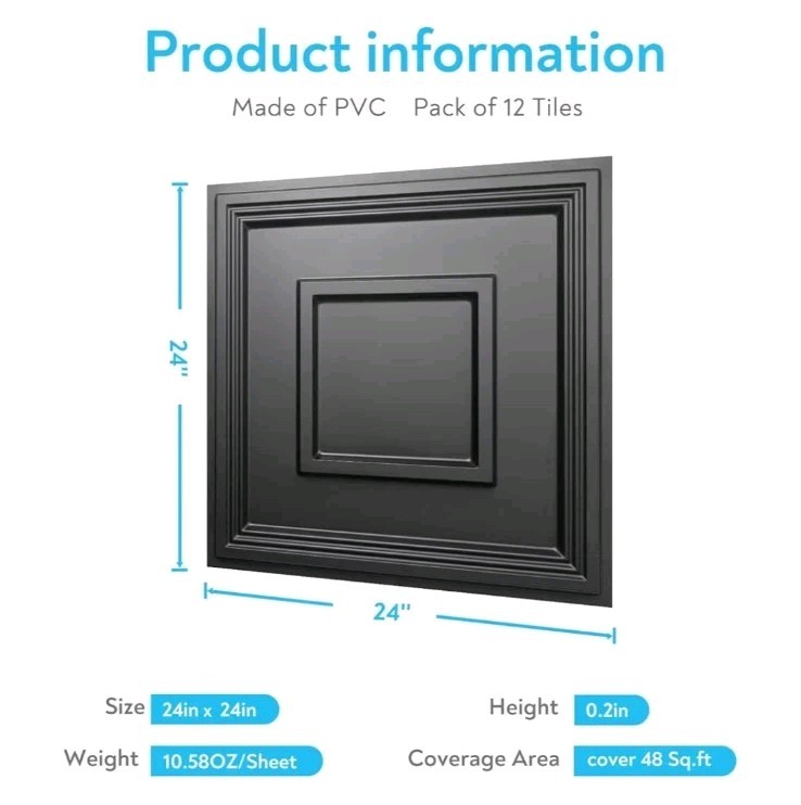 STICKGOO Black Drop Ceiling Tile 2ft x 2ft, Ceiling Panel 24"x24" 12 Pack