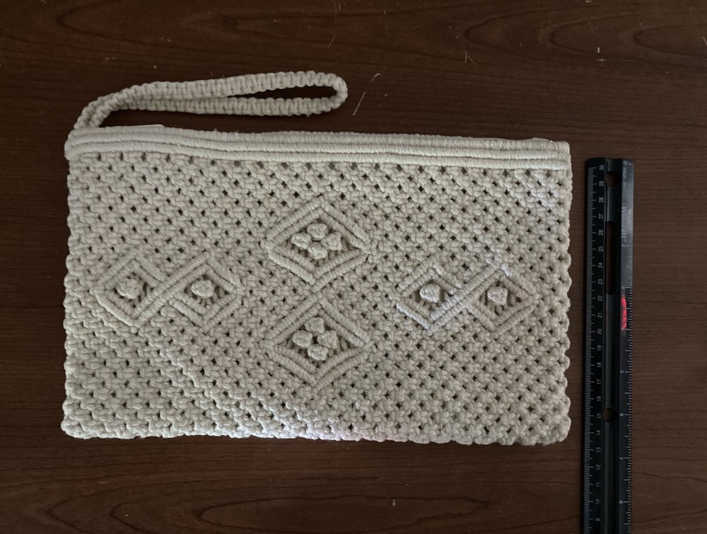 Vintage Cream macrame clutch with a wristlet strap 12” X 7”