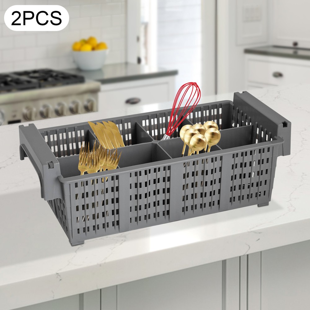 2pcs Flatware Set in PP Buffet 8 Compartments Flatware Drying Container Gray