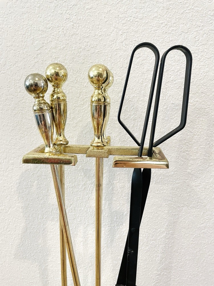 Vintage Brass/Cast Iron Heavy Solid 5-Piece Fireplace Tool & Stand Set