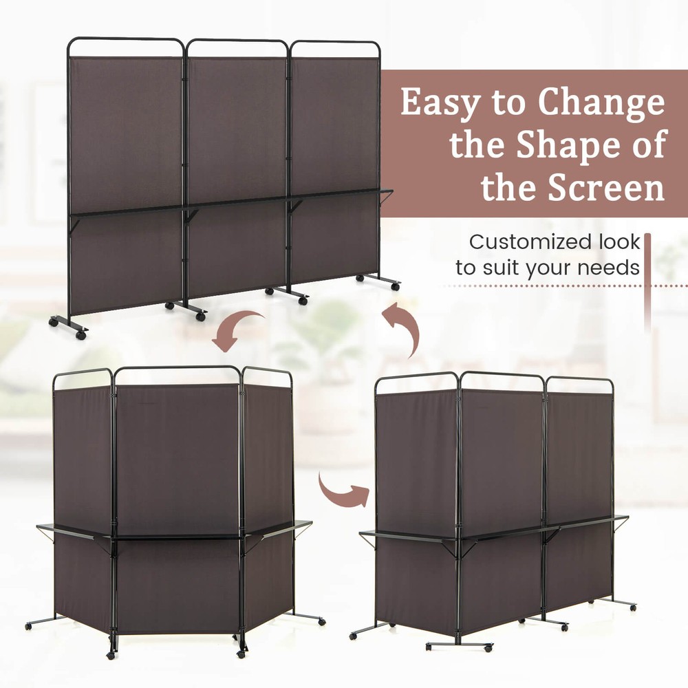 3-Panel Room Divider w/ Storage Shelves 6FT Tall Folding Privacy Screen on