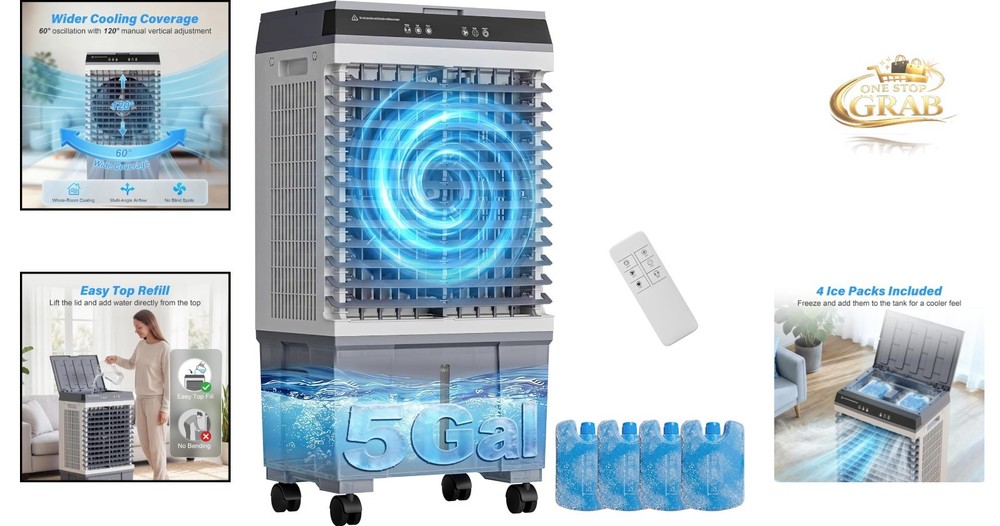 5 Gal Portable Evaporative Cooler with Ice Packs Oscillation Touch Remote Black