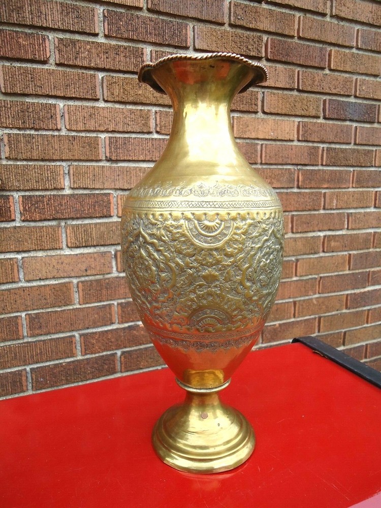 MIDDLE EASTERN BRASS VASE / URN REPOUSSE & CHASED 14 1/4 "