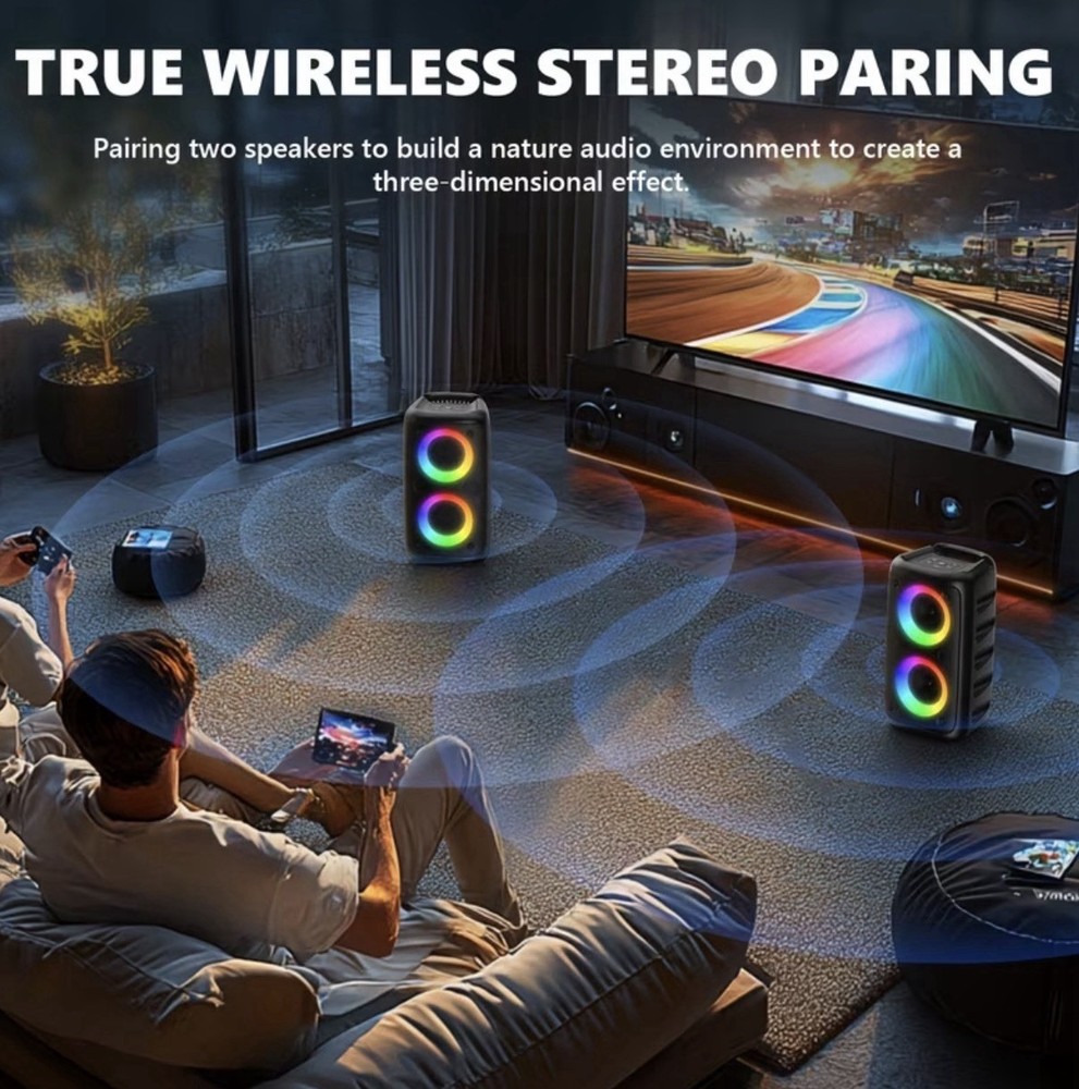 Portable Bluetooth Karaoke System, LED Lights, Microphones, Wireless Stereo