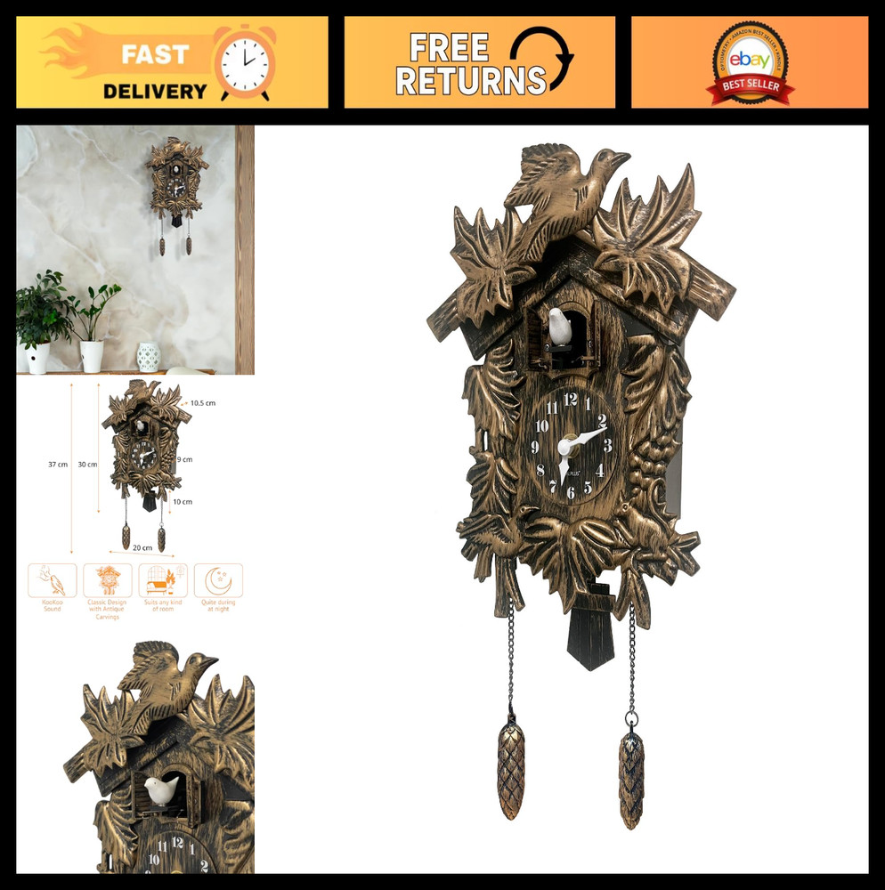 Vintage Brown Cuckoo Clock with Flapping Bird, Volume Adjustable, Battery Operat