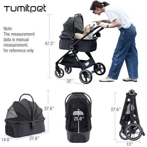 Tango Pet Stroller, 2 in 1 Dog Stroller for Small Medium Dogs Cats Black