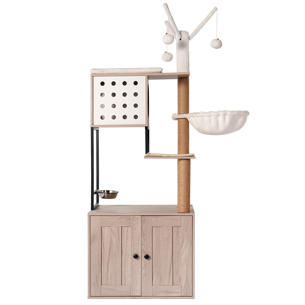 Cat Tree w/ Litter Box Enclosure - Modern Condo - Scratching Posts + Bowls