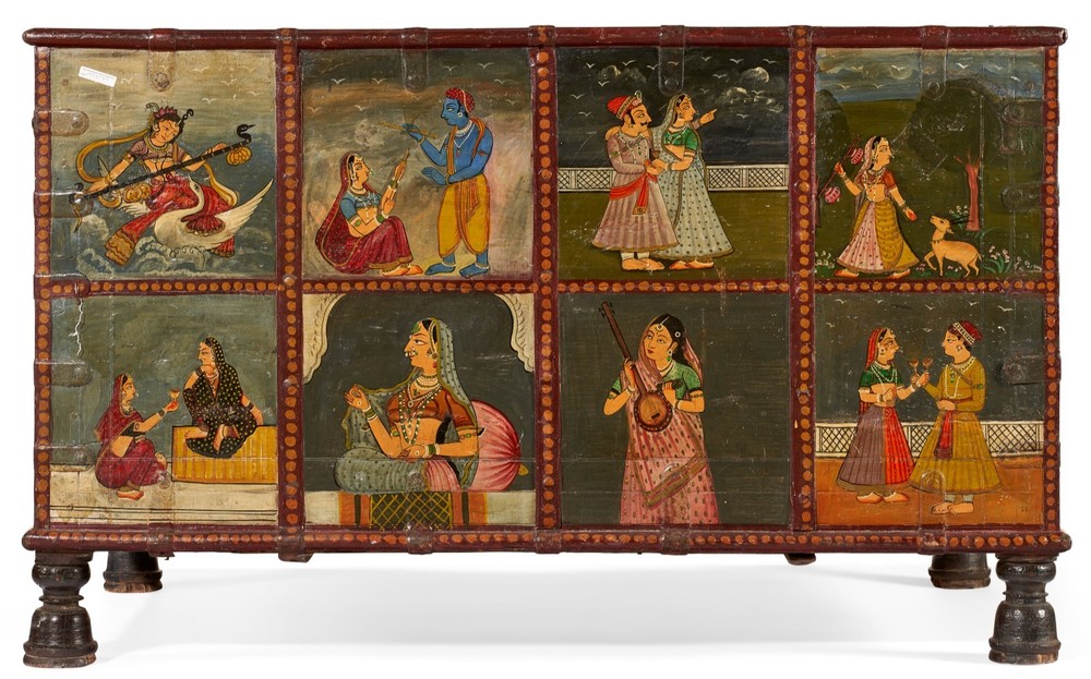 Antique Mughal Indian Hand-Painted Wedding Chest