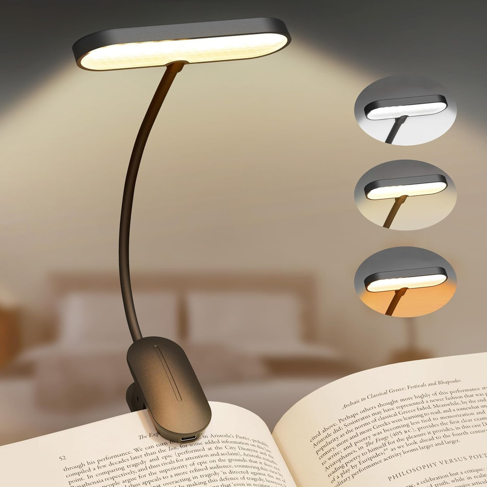 Book Light, Rechargeable Clear LED Flat Reading Light with 3 Colors Timer,