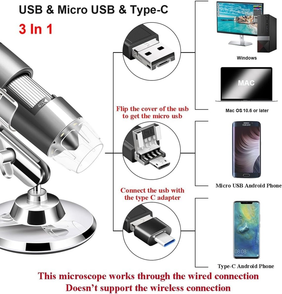 Compact USB Microscope with Stand & Carrying Case, Perfect for Student Use