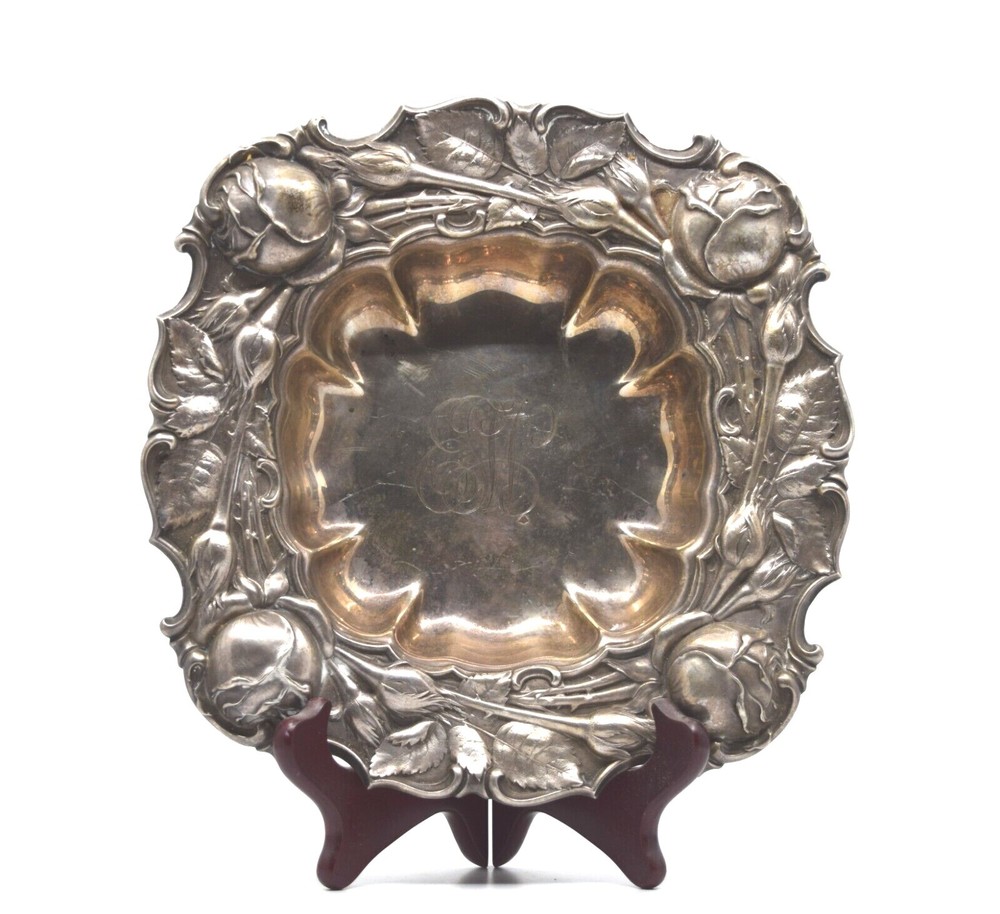 Antique Sterling Silver Repousse Serving Bowl Engraved Jellyfish hallmark