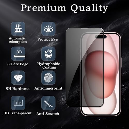 Privacy Screen Protector for iPhone 15, Shatterproof Tempered Glass