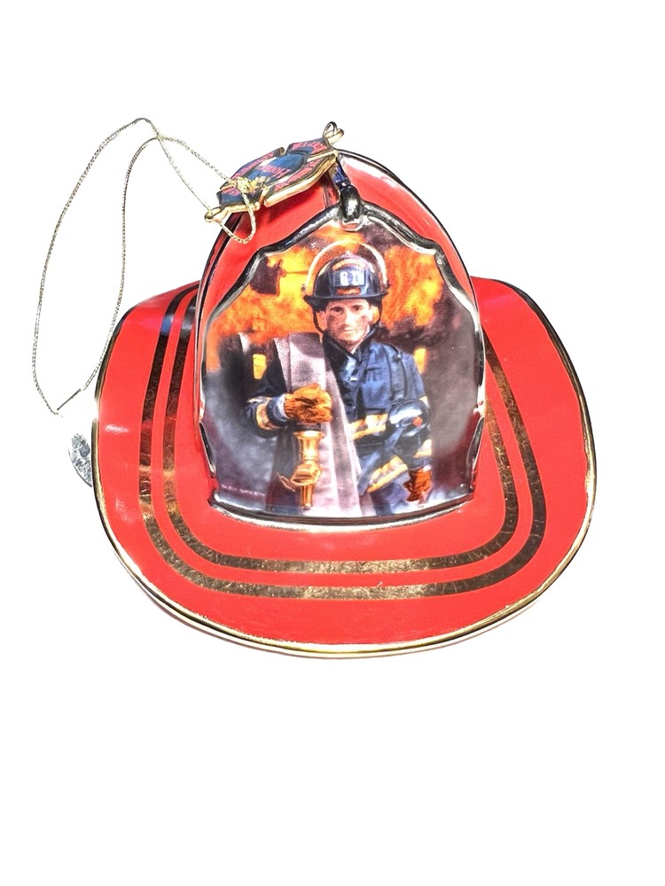 3 Red Bradford Exchange Courage Under Fire Fireman Helmet Ornaments 2002 EUC