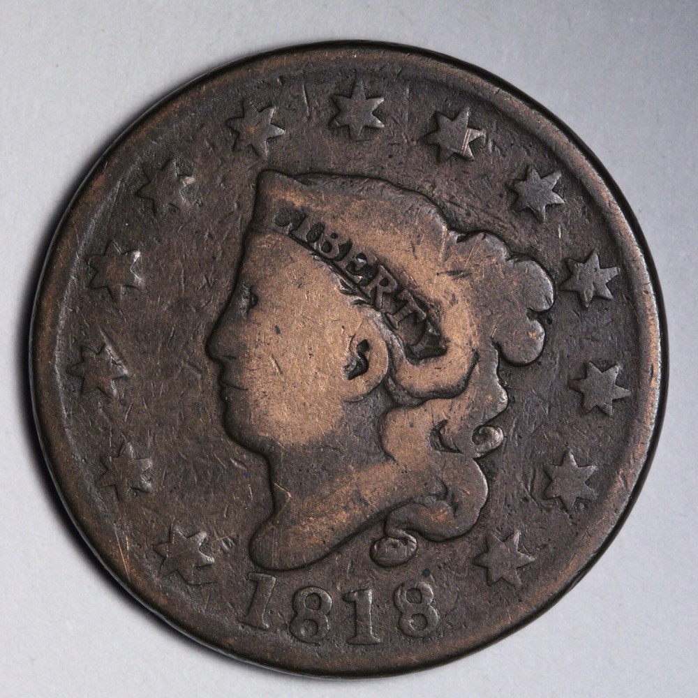 1818 Coronet Head Large Cent CHOICE VG+ E102 XCM