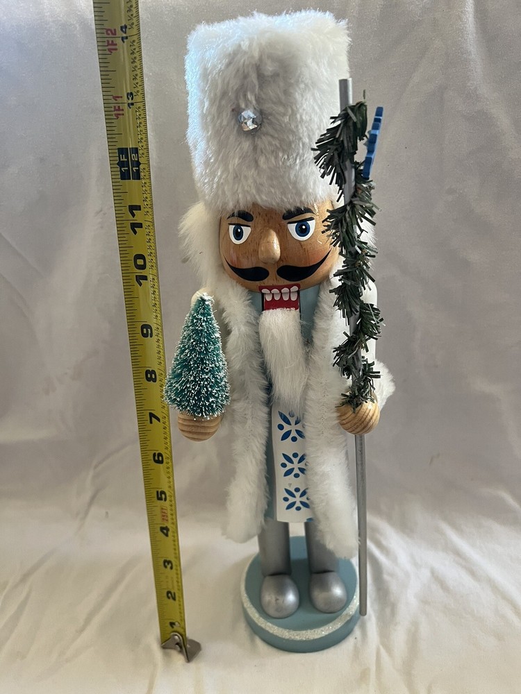 Holiday White Fur Coat Long Hat Nutcracker 14”Holding Tree