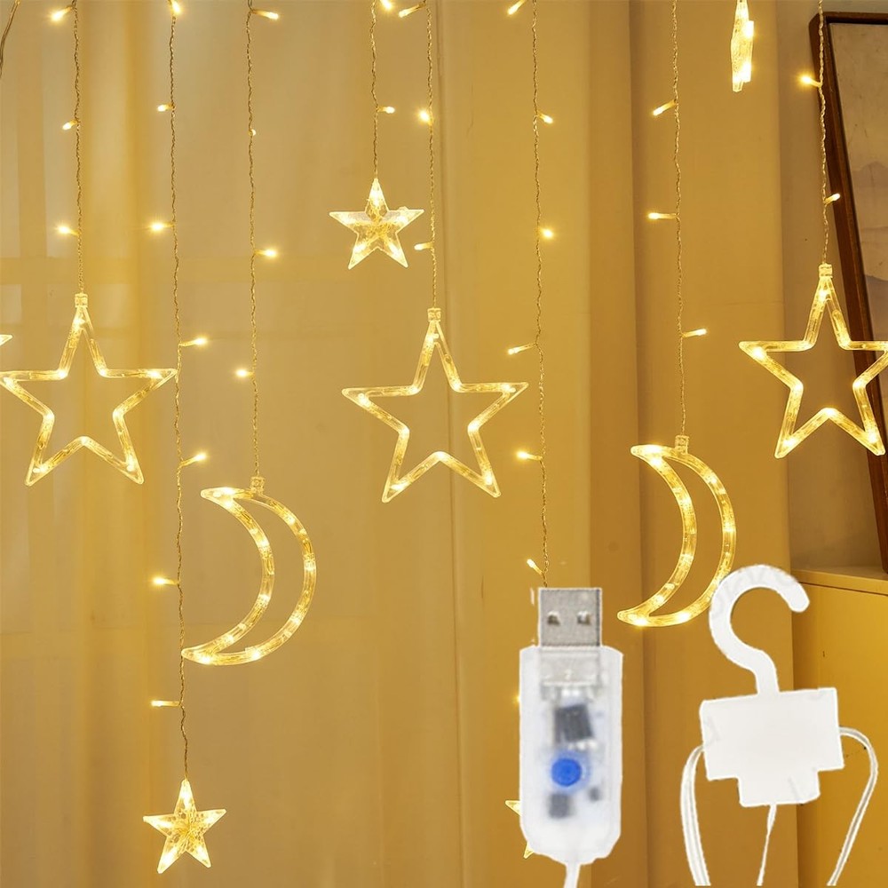 138 Led Curtain String Light Star Moon Icicle Light with 8 Lighting Modes wit...