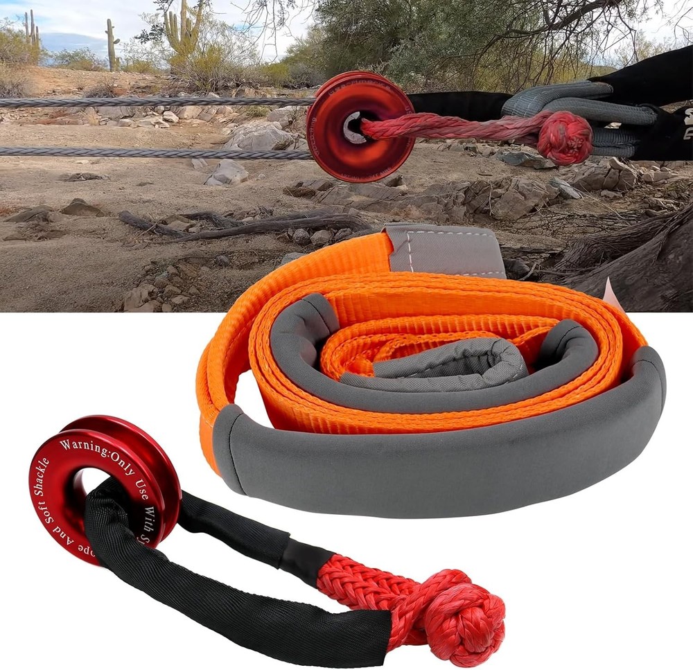 Snatch Block Ring, Winch Pulley with 1/2‘’Soft Shackle, 3"X118‘Tree Saver Str...