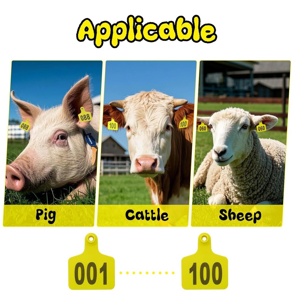 High-Quality Plastic Ear Tags for Cattle, Sheep & Hogs - 001-100 Numbered Set