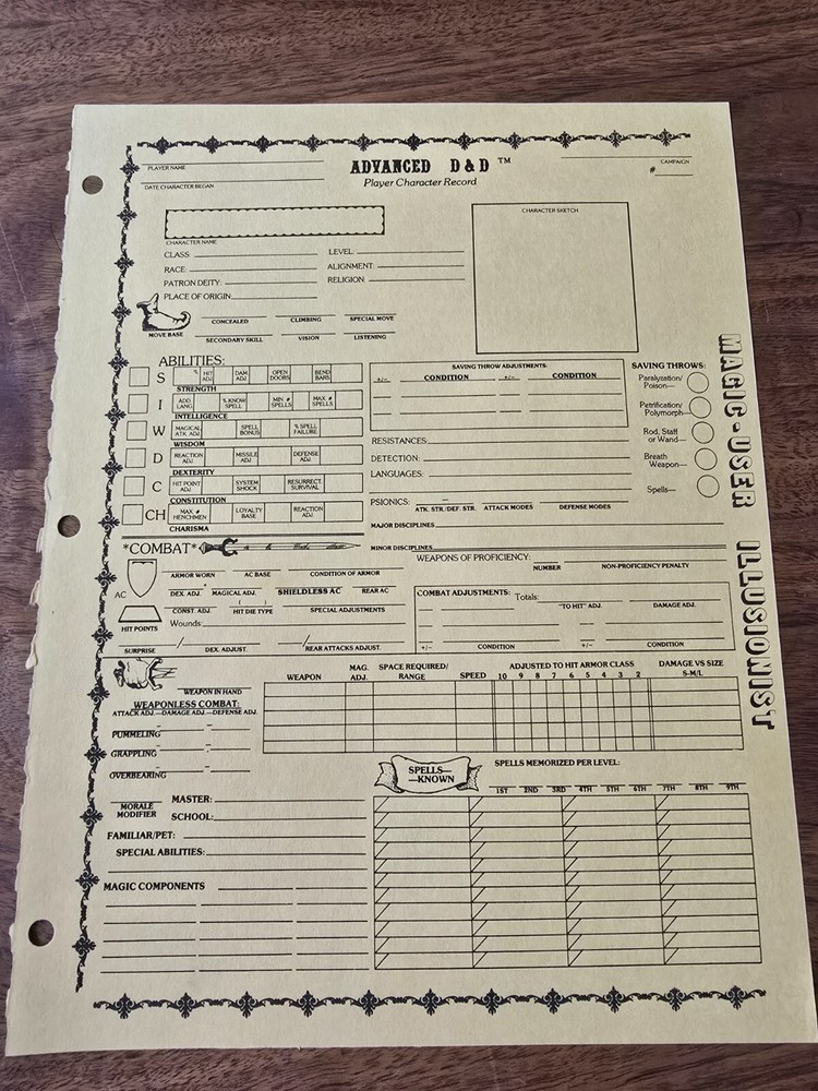 AD&D REF2 Player Character Record Sheet Singles Magic-User/Illusionist TSR