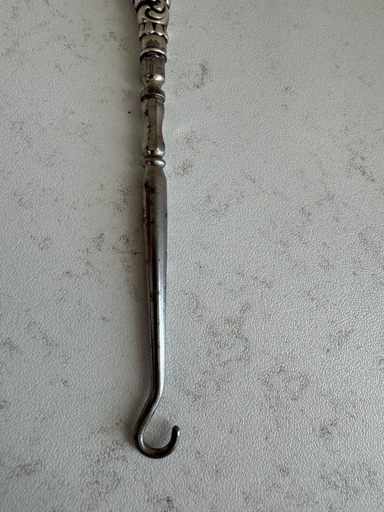 Antique Sterling Silver Handle Button Hook w/ Scrolling Decoration