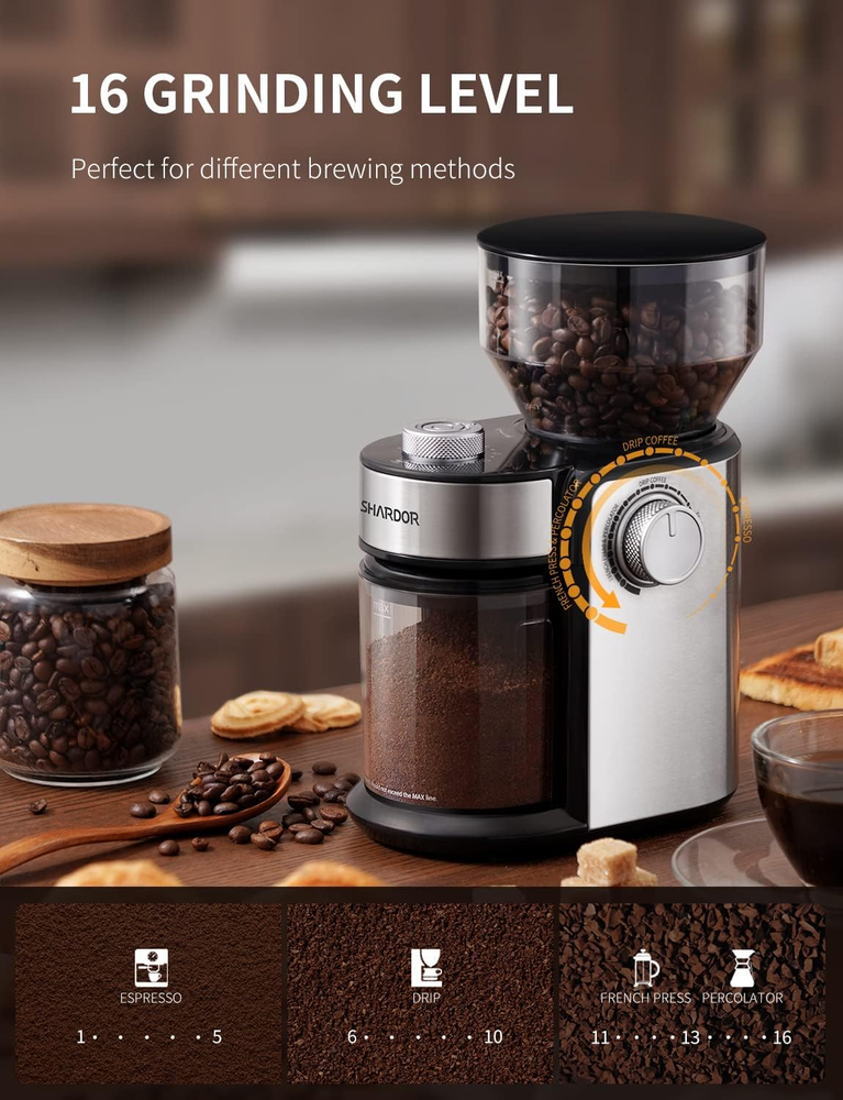 Coffee Grinder, Adjustable Burr Mill with 16 Precise Grind Setting for 2-14 Cup,
