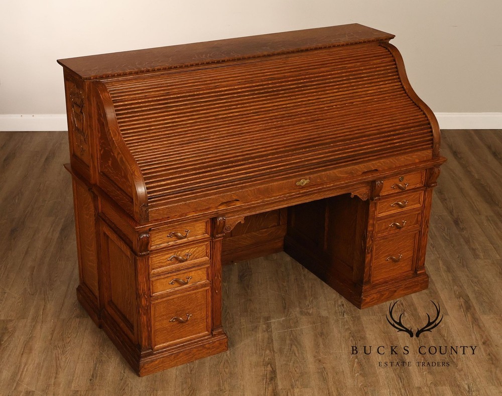 Oak Roll Top Desk With Carved 'Reading Hardware Co." Crest Panel