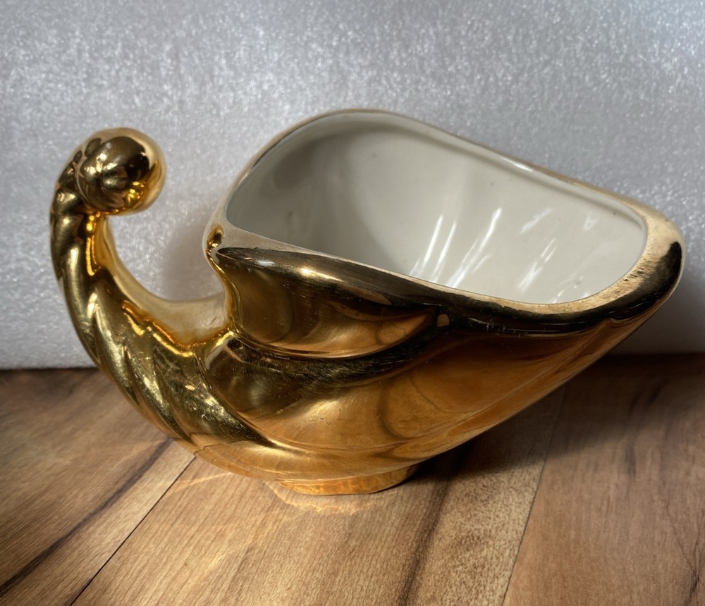VTG Ceramic Goldtone Cornucopia Planter Shell Nautical