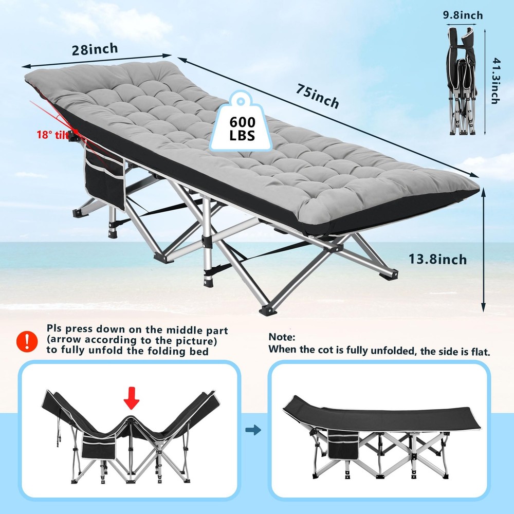 Camping Cots for Adults with 600lbs Load Capacity, Folding Camping Cot with M...