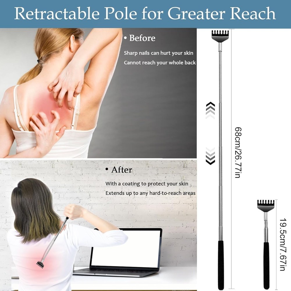 3 Pack Extendable Back Scratcher, Stainless Steel Portable Telescoping Back